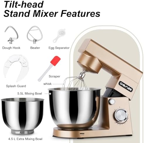 Robot Patissier CHeflee,1500 W Robot Patissier,avec Bol en Acier Inoxydable de 4,5 et 5,5 L,10 P Vitesse,avec Crochet Mélangeur,Crochet Pétrisseur,Fouet et Protection Anti Eclaboussures (Noir） : Cuisine et Maison