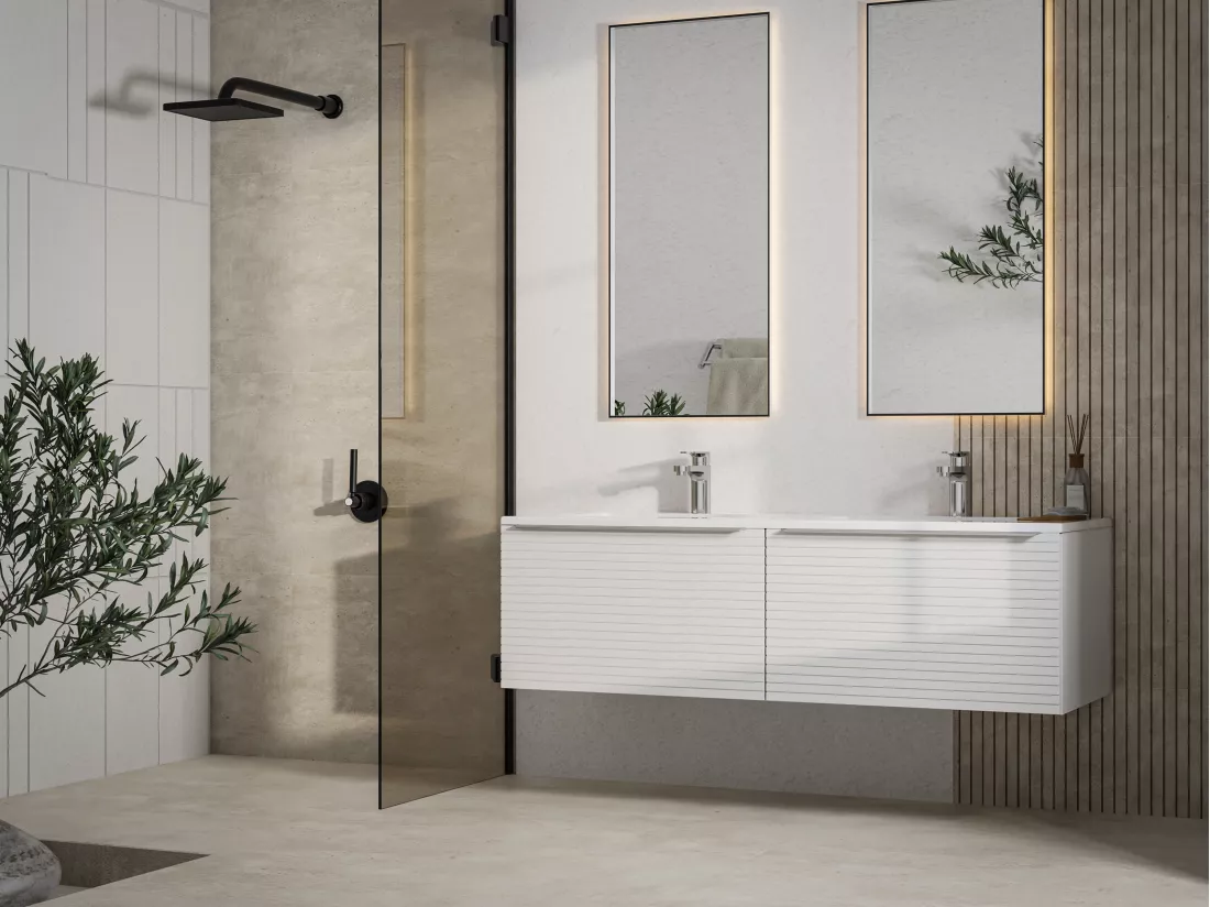 Meuble de salle de bain suspendu strié blanc avec double vasque à encastrer - 120 cm - LATOMA