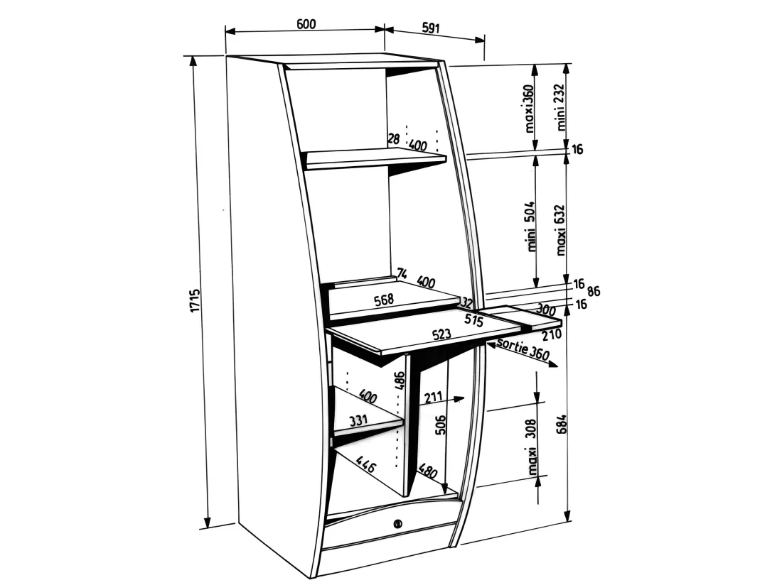 Armoire Informatique Galbée Largeur 60 cm 5 Niches - Coloris: Hêtre