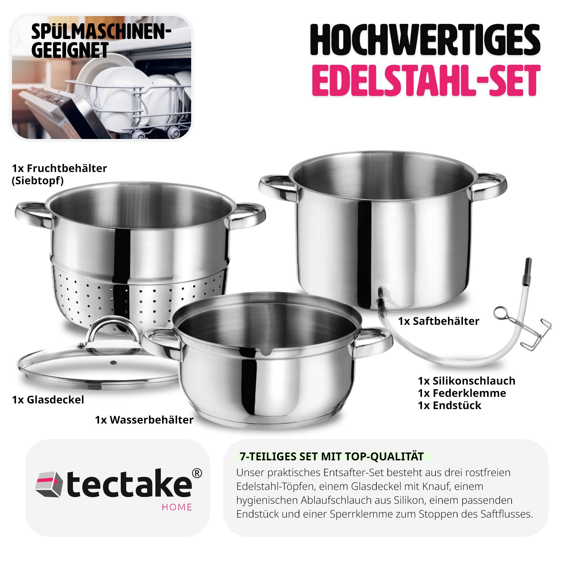 tectake® Dampfentsafter, 7-teilig, aus Edelstahl mit Glasdeckel, induktionsgeeignet und spülmaschinenfest, Ø 26 cm