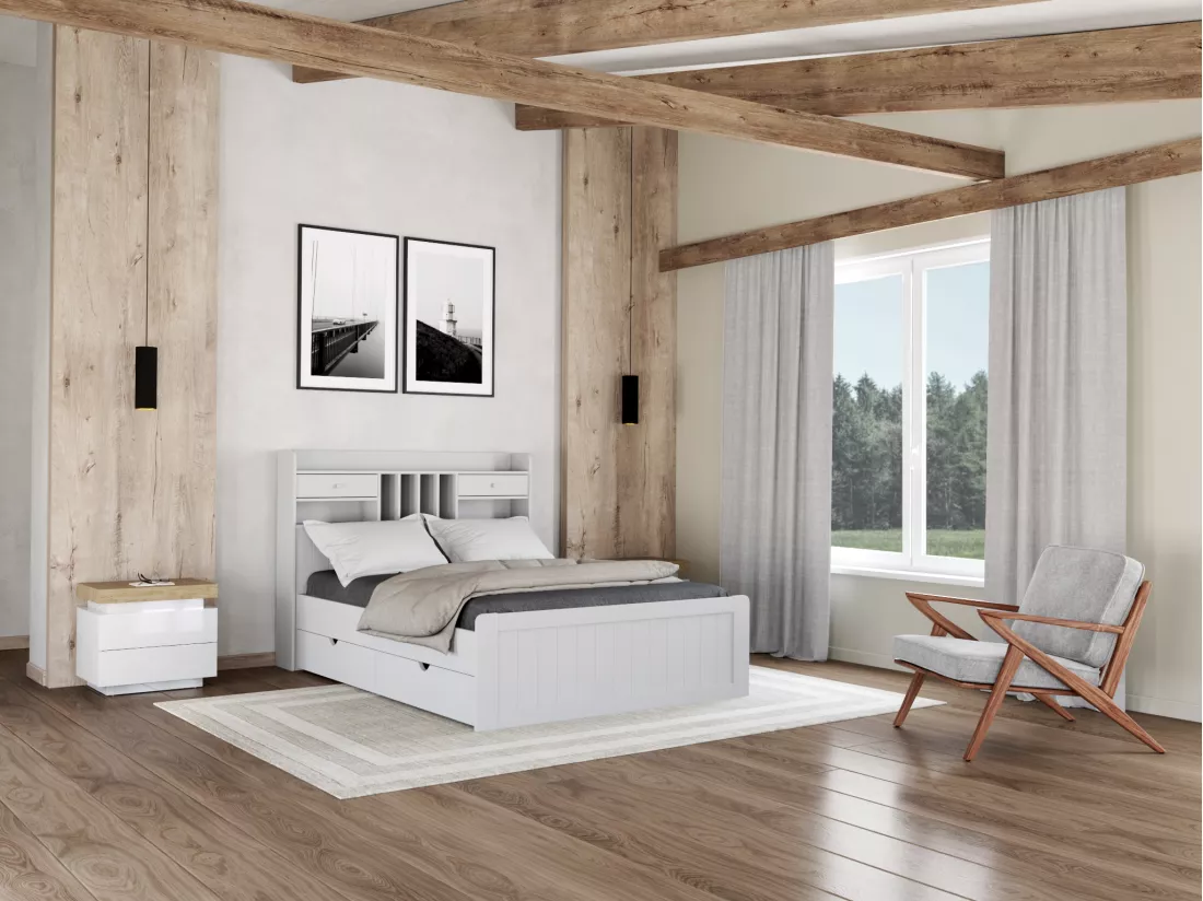 Lot de 2 tables de chevet - 2 tiroirs - MDF Laqué - Avec LEDs - Coloris : Blanc et chêne - HALO II