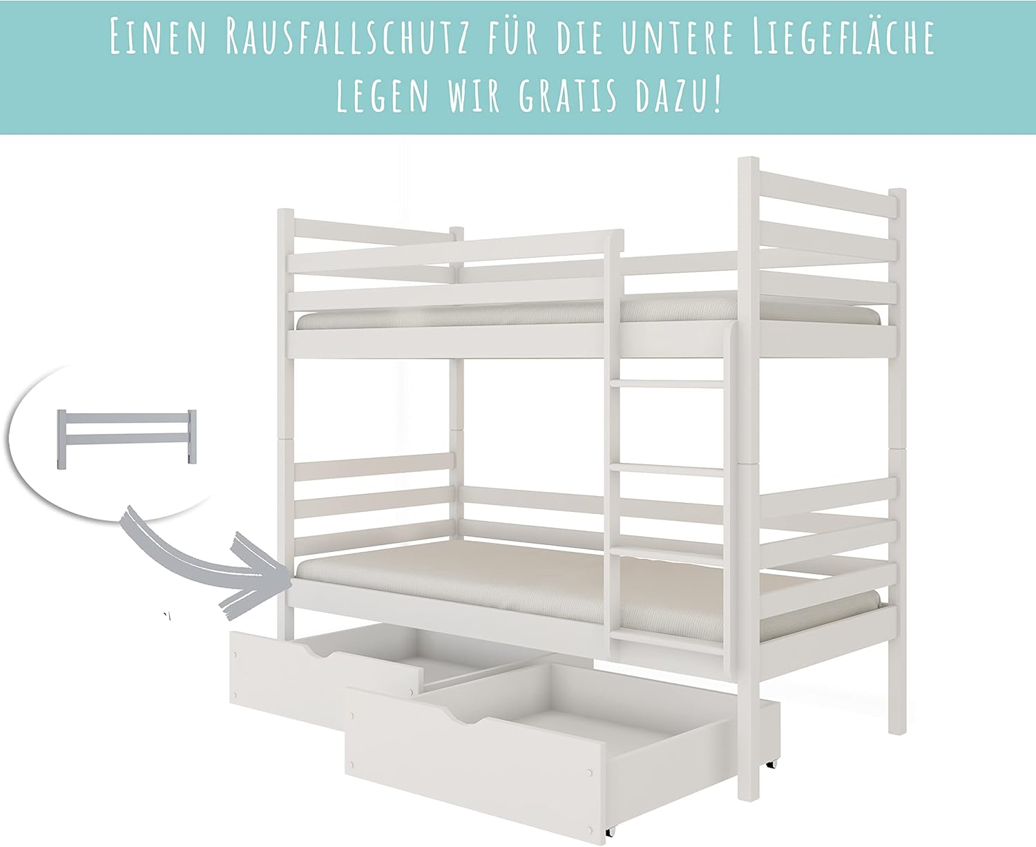 Hochbett 90x200 cm mit 2 Matratzen und 2 Schubladen Etagenbett mit Rausfallschutz und Lattenrost, umbaubar in Zwei Kinderbetten, aus Vollholz massiv in weiß, Funktionsbett Kinderbett