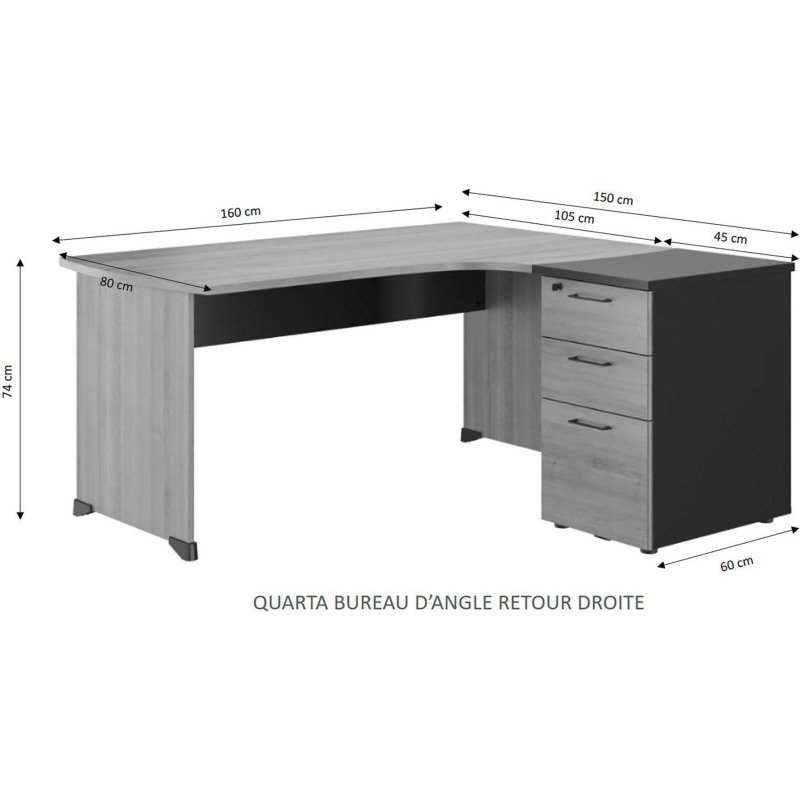 Bureau d'angle L 160 x P 150 cm avec retour sur caisson hauteur de bureau 3 tiroirs Quarta Plus