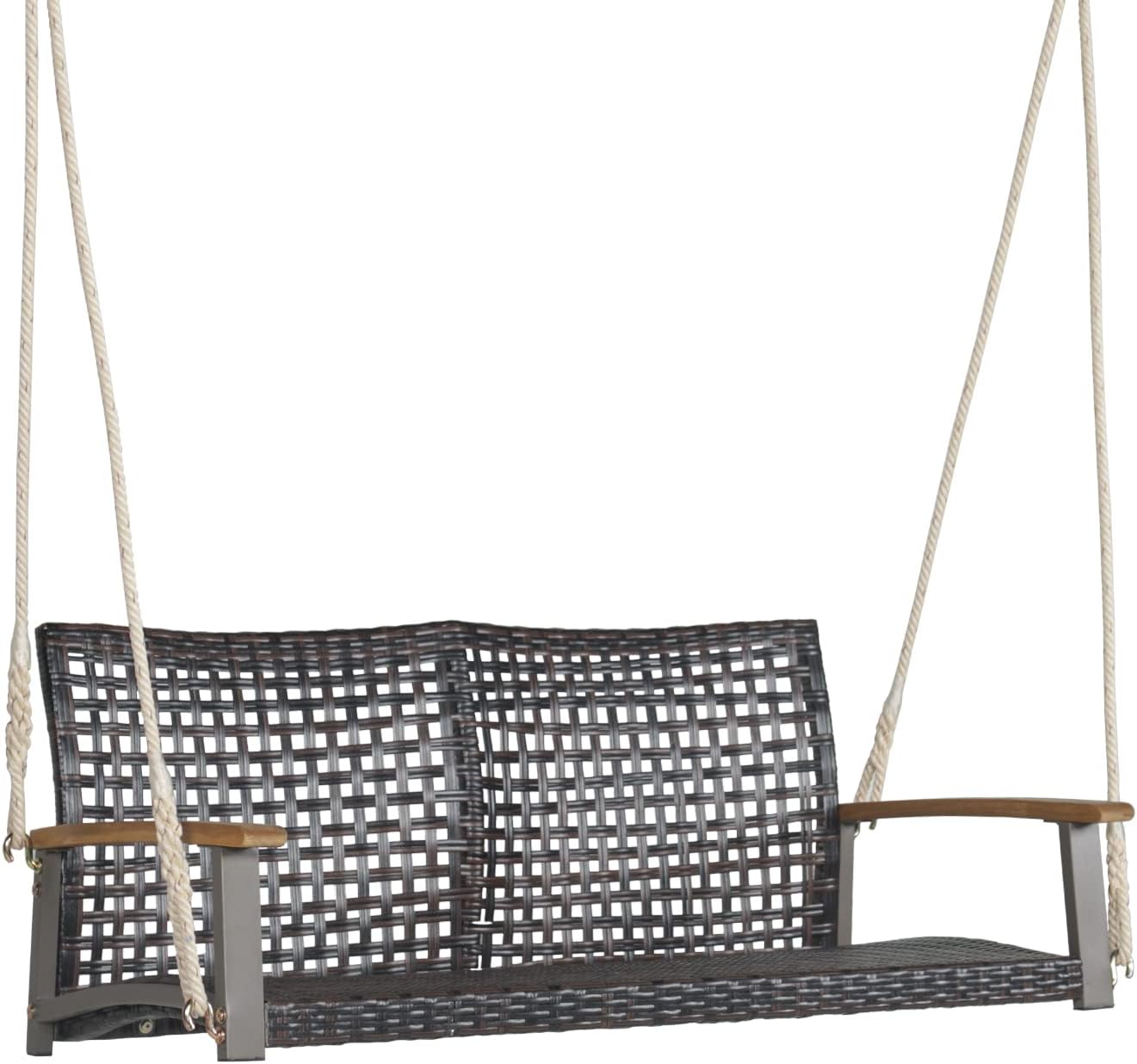 COSTWAY Schaukelbank 2-Sitzer, Hängebank PE-Rattan, Gartenschaukel zum Aufhängen, Hollywoodschaukel mit Akazienholz-Armlehnen, 360 kg Belastbarkeit, Schaukel für Terrasse & Garten & Balkon
