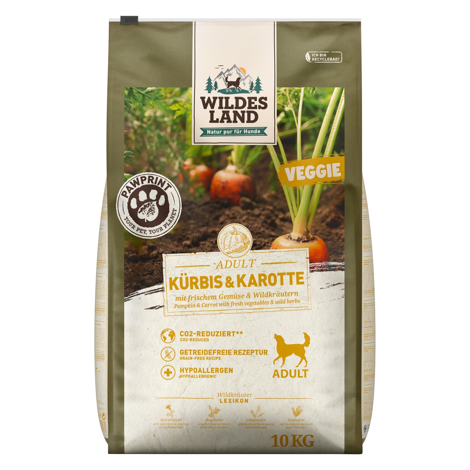 WILDES LAND Trockenfutter PawPrint Veggi Adult  - 10 kg - Kürbis & Karotte