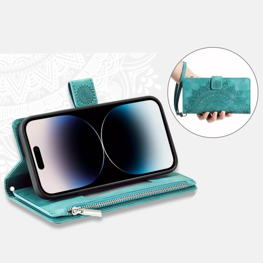 iPhone 16 Pro Max Leder Tasche Flip Cover mit Reissverschluss - Mandala Flowers Imprint - Türkis