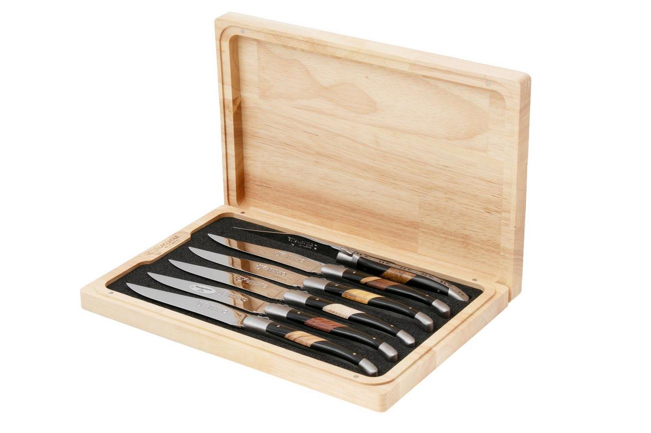 Laguiole en Aubrac 62C12PBMIH Paperstone Mixed Woods Matt Bolsters, 6-delige steakmessenset