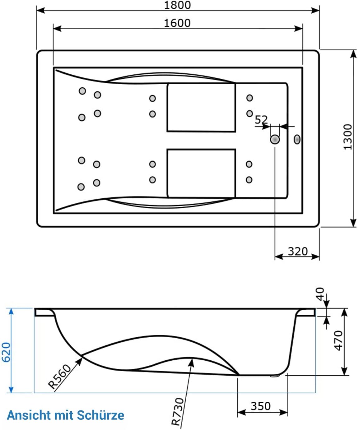 AQUADE Jacuzzi 2 Person Whirlpool Marburg LUX XL 180x130 mit LED Whirlpool Beleuchtung, Armatur Whirlpool Badewanne & Badekissen für Badewanne Whirlpool 2 Personen/Badewanne Komplett Set