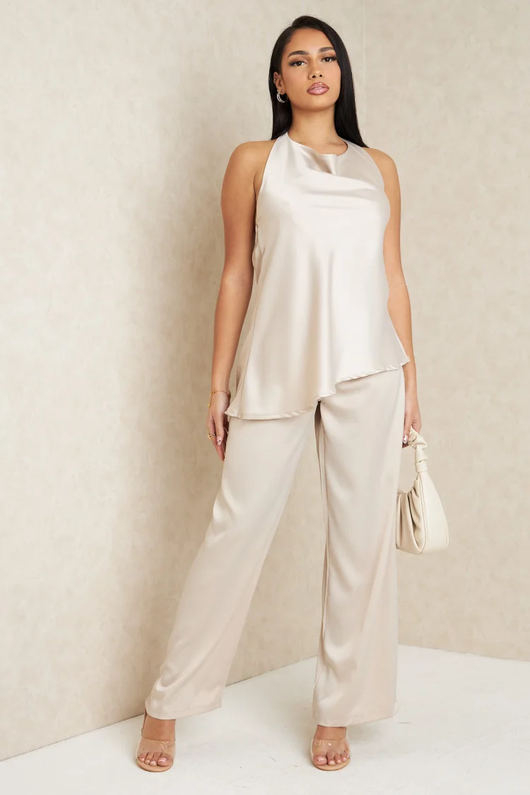 Ensemble 2 pièces top + pantalon satiné beige