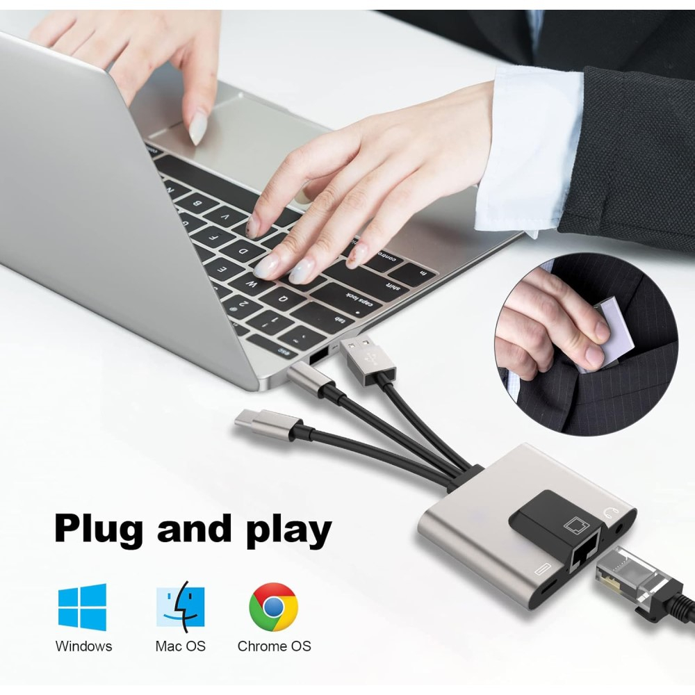 (10cm) Lightning / USB A / USB C (m) auf USB C / Ethernet RJ45 LAN / 3.5 mm Klinke (w) Adapter für Smartphones / Tablets / Notebooks - Grau