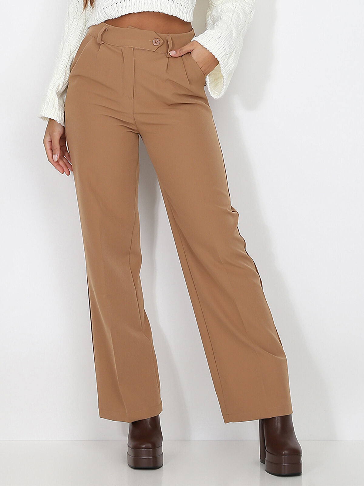 Pantalon de costume large à plis- Camel