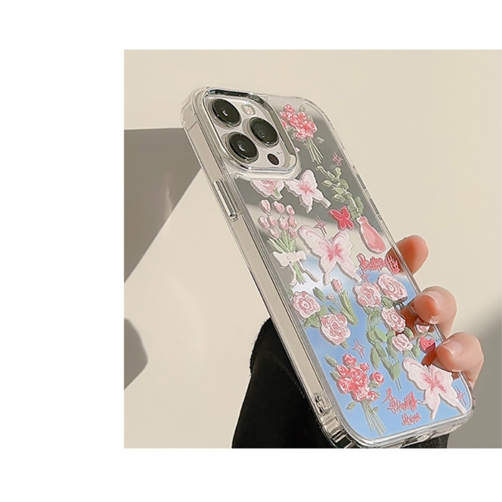 iPhone 13 Pro Galvanisierte Gummi Case Hülle mit Spiegel   Blumen Muster - Silber / Transparent
