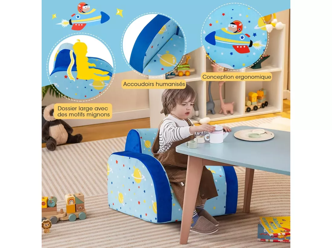 Canapé Convertible pour Enfants de 0-4Ans, Canapé-Lit Rembourré pour Enfants avec Siège Rembourré en Éponge, Tissu en Velours et Motif pour Lecture, Jeu et Repos (Avion)
