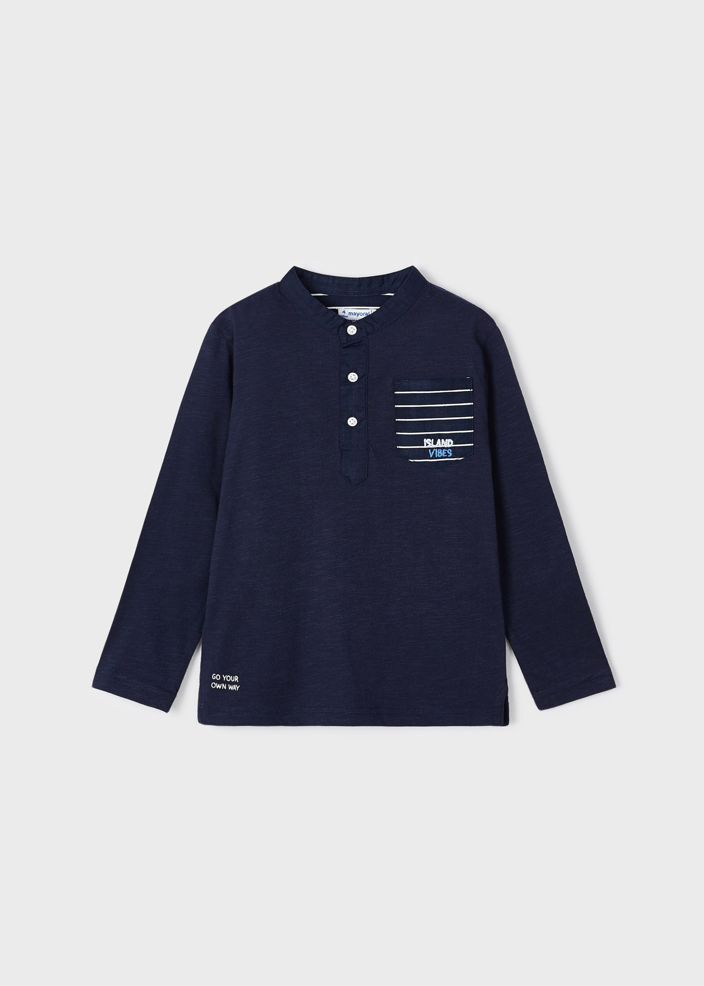 Camisa polo de manga comprida com gola mandarim em algodão para meninos