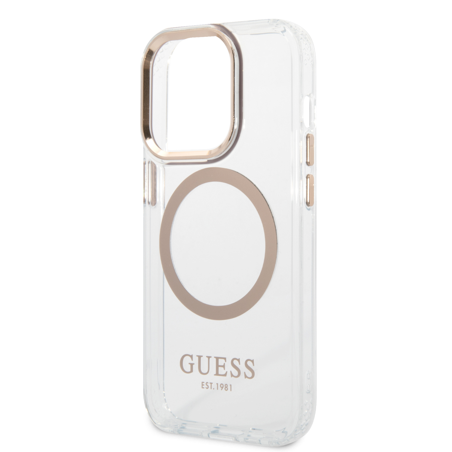 iPhone 14 Pro Max MagSafe Hardcase Hülle Metal Outline (GUHMP14XHTRMD) - Transparent / Gold