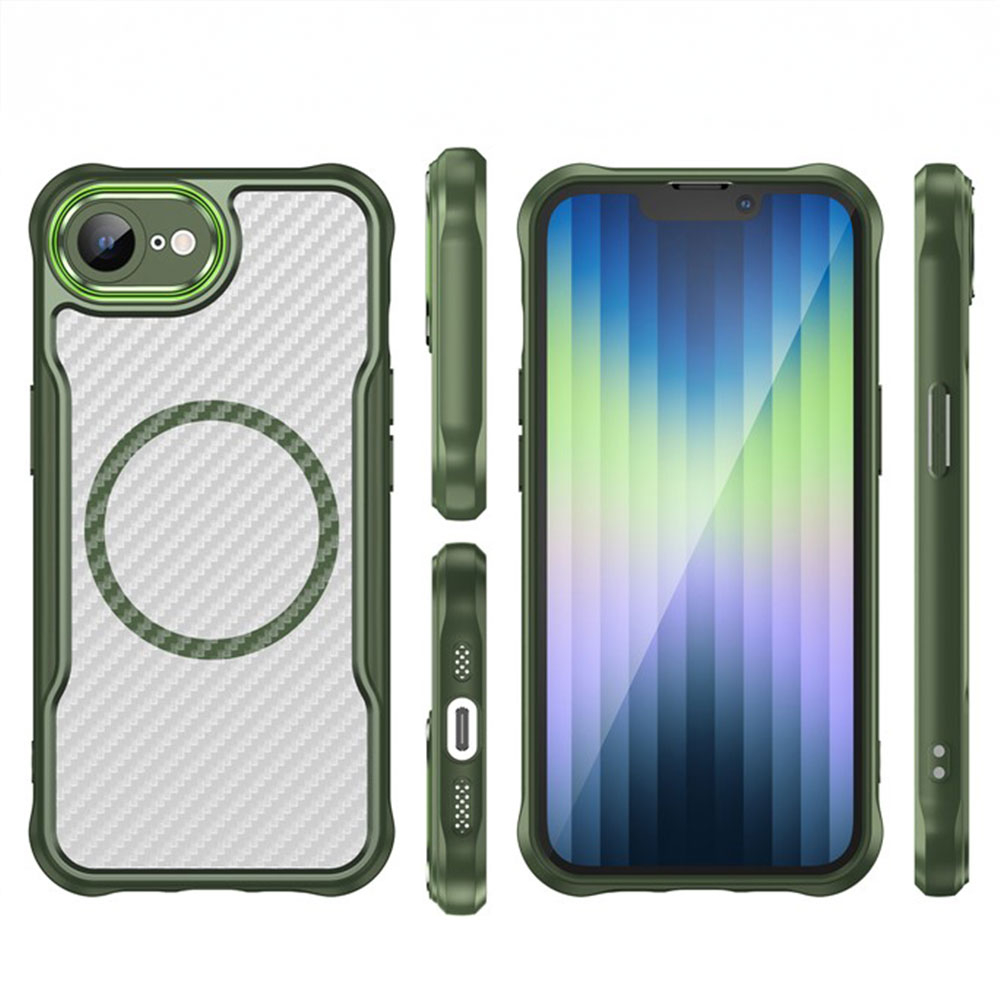 iPhone 16e MagSafe Gummi Case Schutzhülle Carbon Look Air Cushion Fallschutz mit Kameraschutz - Grün / Transparent