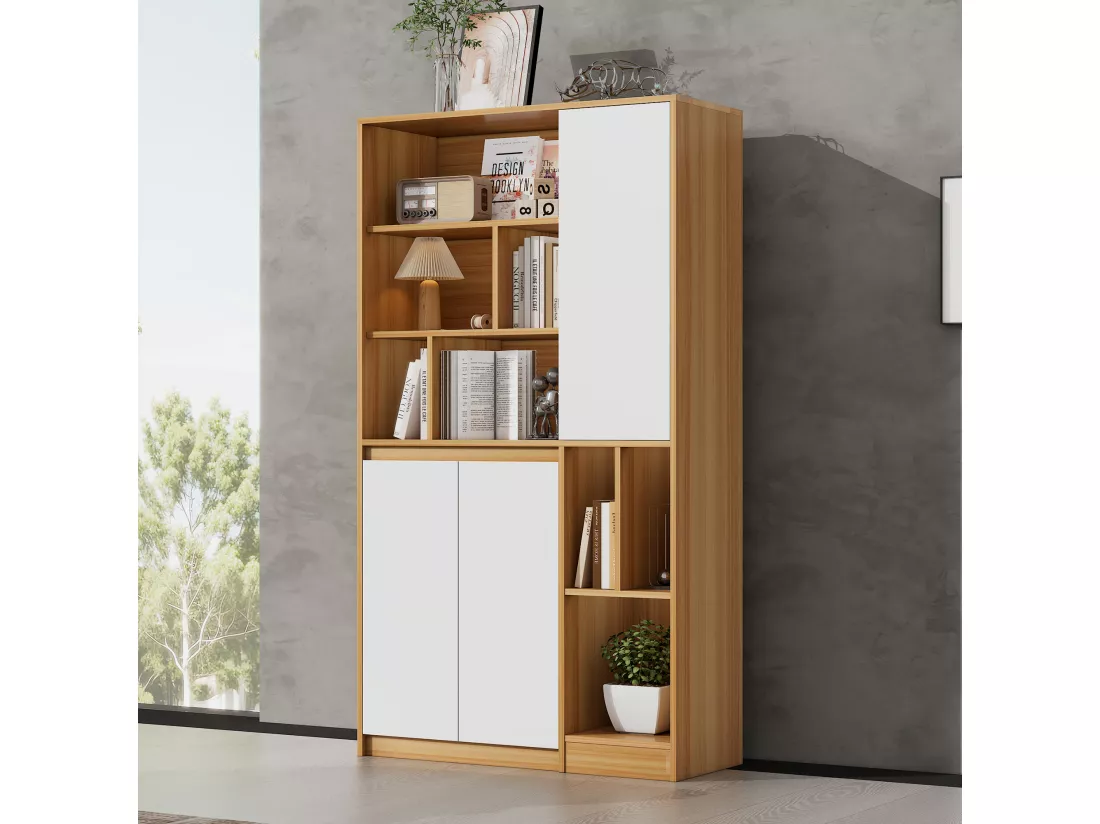 Bibliothèque avec 3 portes et étagères réglables - 90 x 35,5 x 160 cm - Panneaux de particules - Blanc + Chêne clair