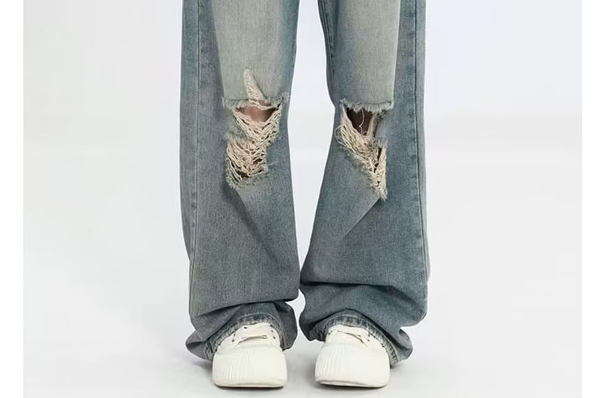 deersweeti - High Waist Washed Distressed Wide Leg Jeans