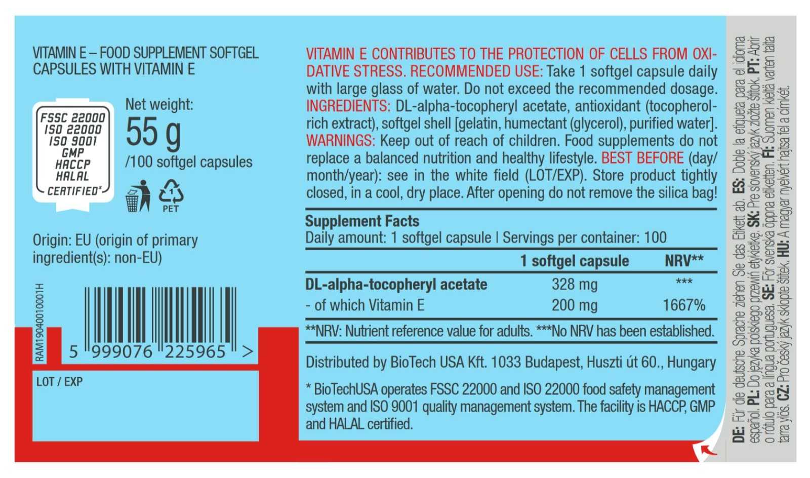 Biotech USA Vitamina E 200mg 100 cápsulas gelatinosas