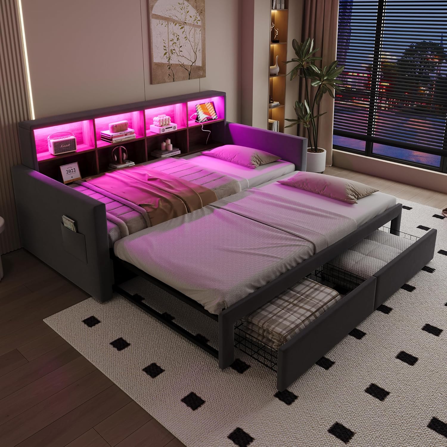 Ausziehbares Polsterbett Schlafsofa 90/180 x190cm, Kopfteil mit integrierten Staufächern, LED-Lichtleiste und Ladesteckdosen, Mit Zwei Schubladen und Lattenrost, Samtstoff Dunkelgrau