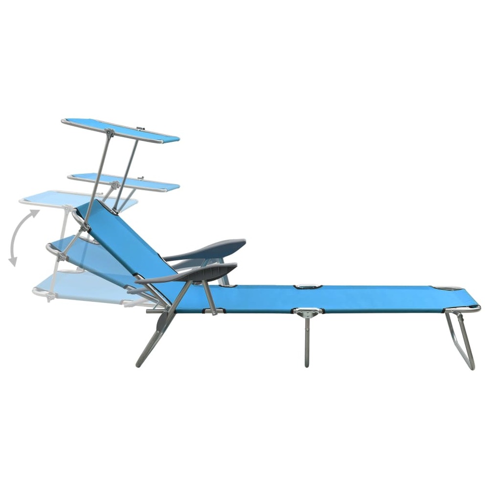 Transat chaise longue bain de soleil lit de jardin terrasse meuble d'extérieur 188 cm avec auvent acier bleu