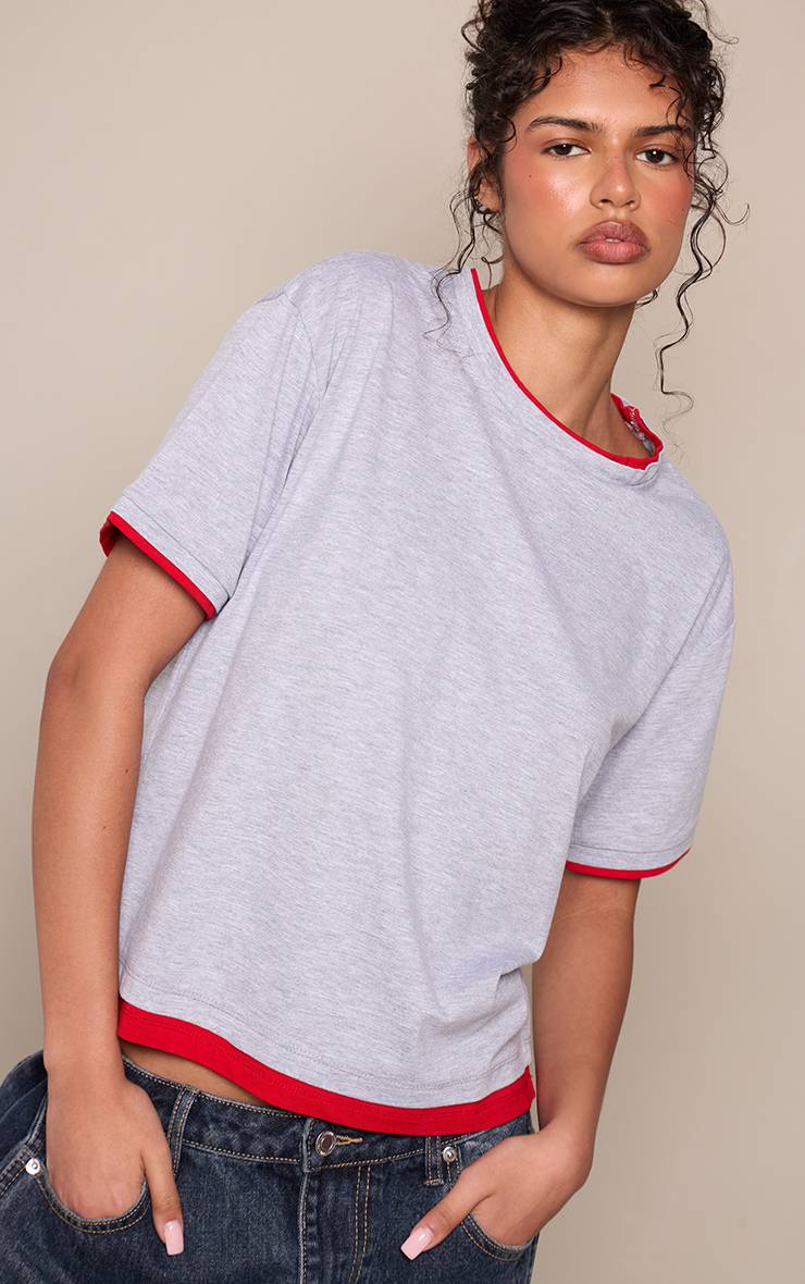 Gris Chiné T-shirt À Manches Courtes Avec Détail Double Couche