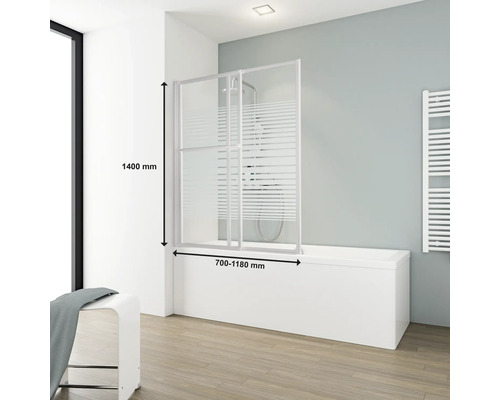 2-delige badwand SCHULTE Komfort 118 x 140 cm, glasdecor horizontale strepen, profielkleur wit D1130 04 72 140