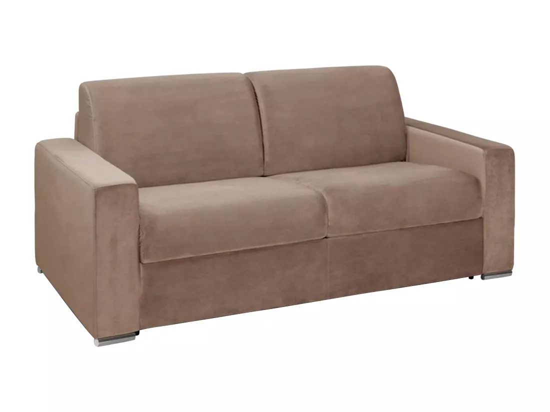 Canapé 3 places convertible express en velours beige - Matelas 18 cm avec mémoire de forme CALITO - Couchage lattes larges 140 cm