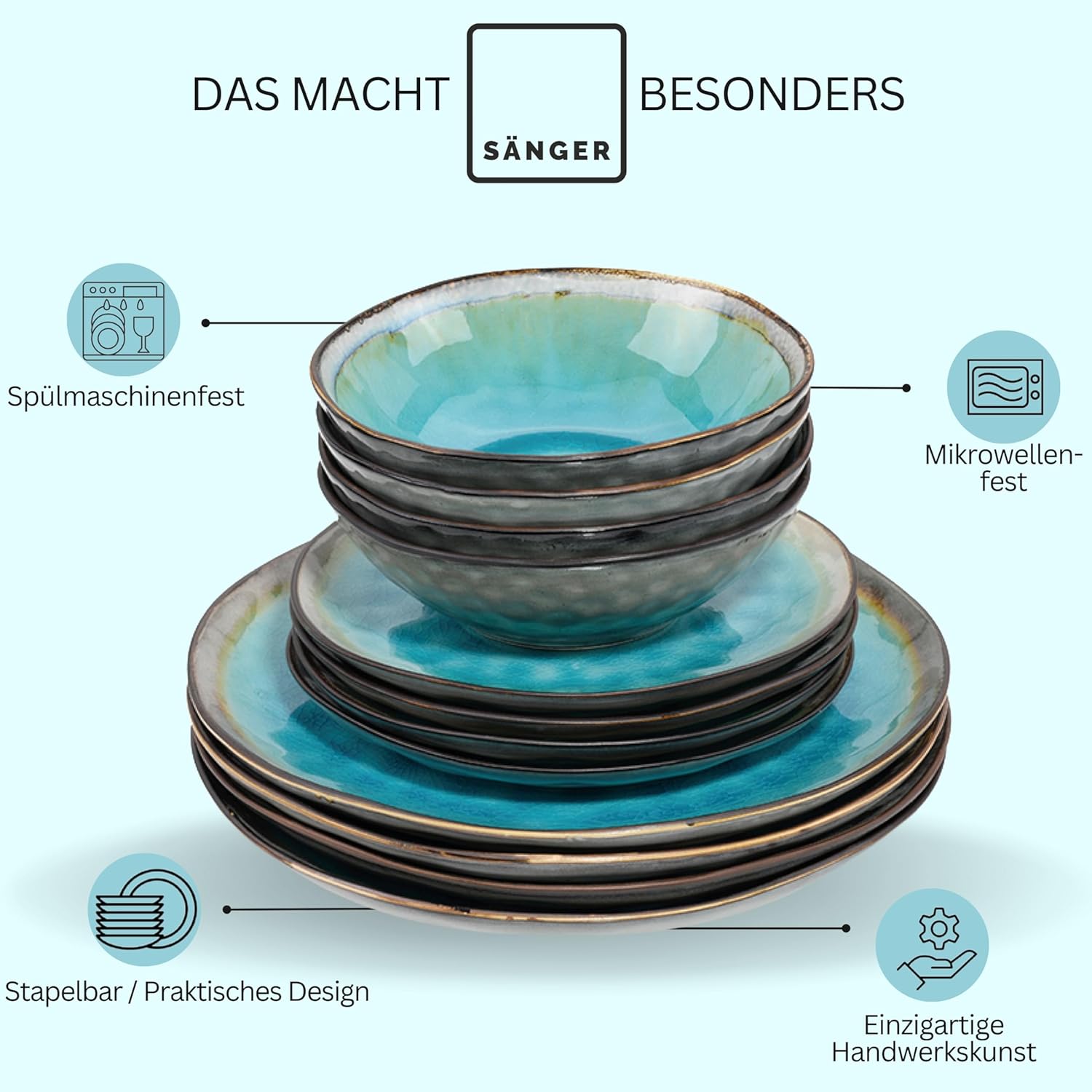 SÄNGER | Geschirrset Capri 12 tlg, Teller Set 4 Personen, Steingut Geschirr inkl. Speiseteller Dessertteller & Tiefe Teller, Tafelservice Handmade Türkis Blau mit Grauem Rand | PREMIUM COLLECTION