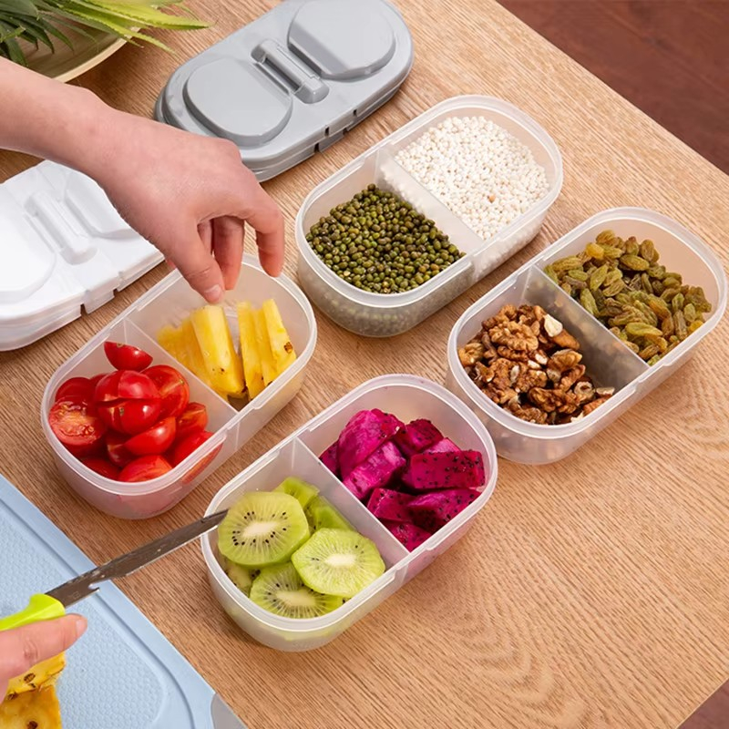 (600ml) 2-fach Vorrats Aufbewahrungs Behälter Lunchbox Frischhalte Dose Lebensmittel Snack Organizer mit Deckel  - Transparent