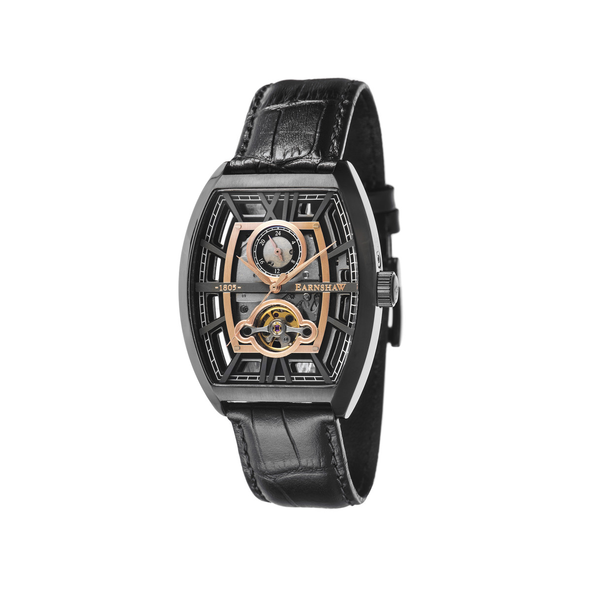 Montre EARNSHAW Holborn homme automatique acier noir bracelet cuir noir