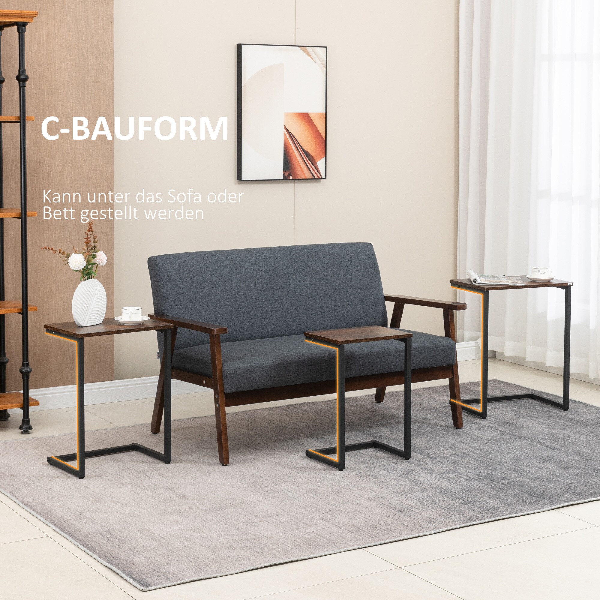 HOMCOM Beistelltisch-Set mit Stahlrahmen braun 45L x 30B x 60H cm