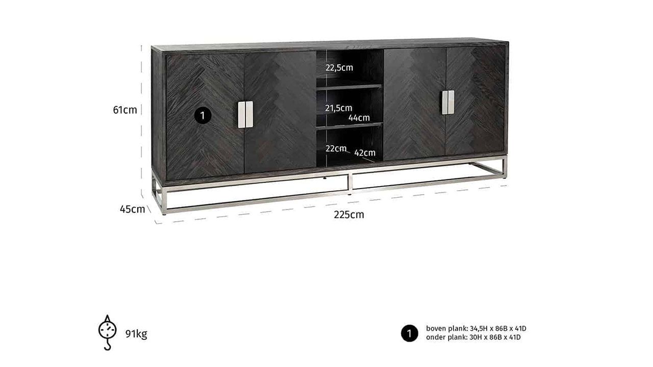 Dressoir 210231 Blackbone zilver B225 x D45 x H90 cm
