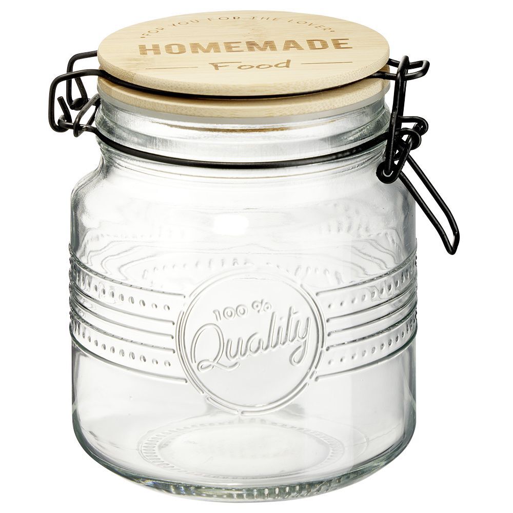 Bocal hermétique rond transparent avec couvercle en bambou H14,5 cm