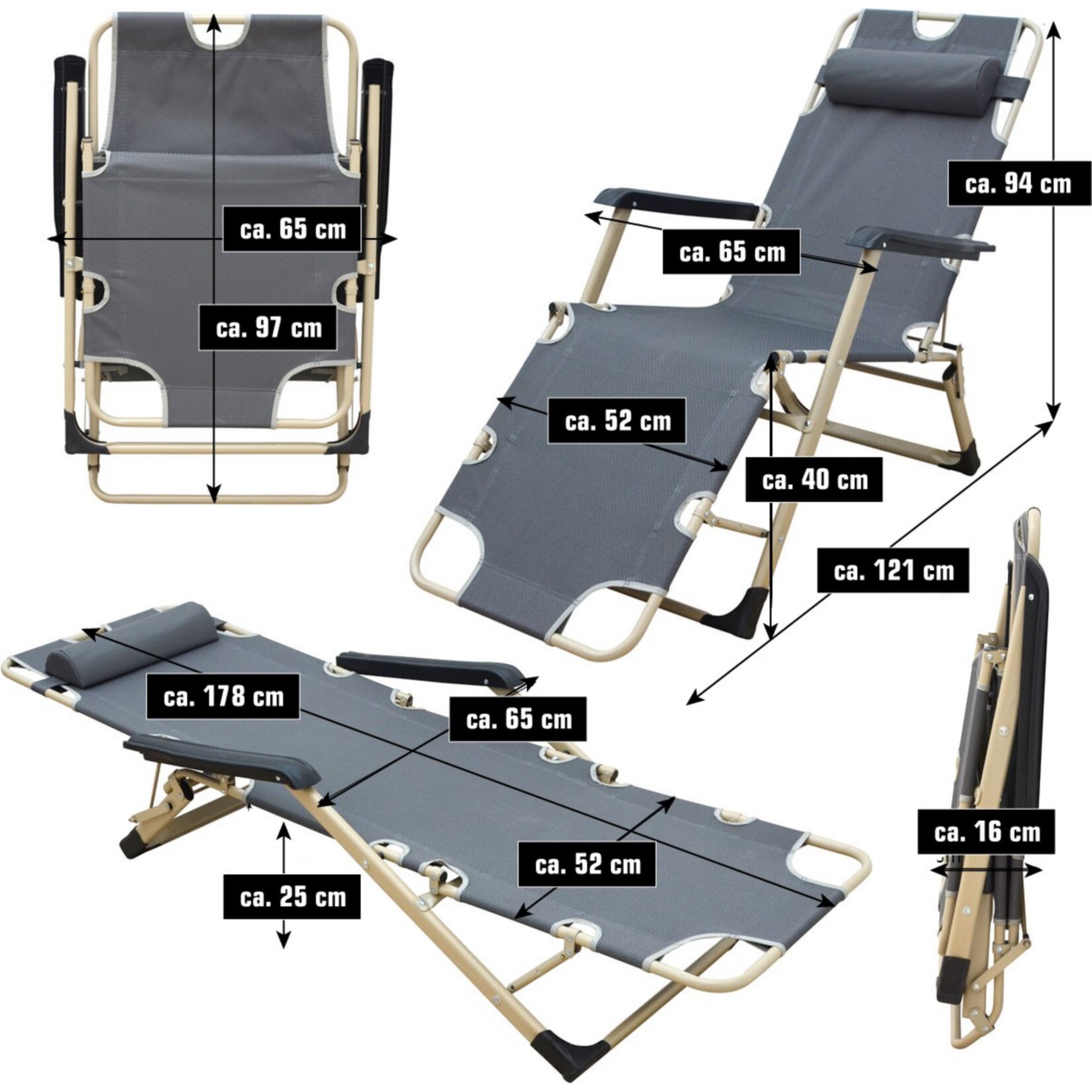 Campingstuhl Liegestuhl AMA-YU-98 XL Grau 178x65x88 cm incl. Auflage