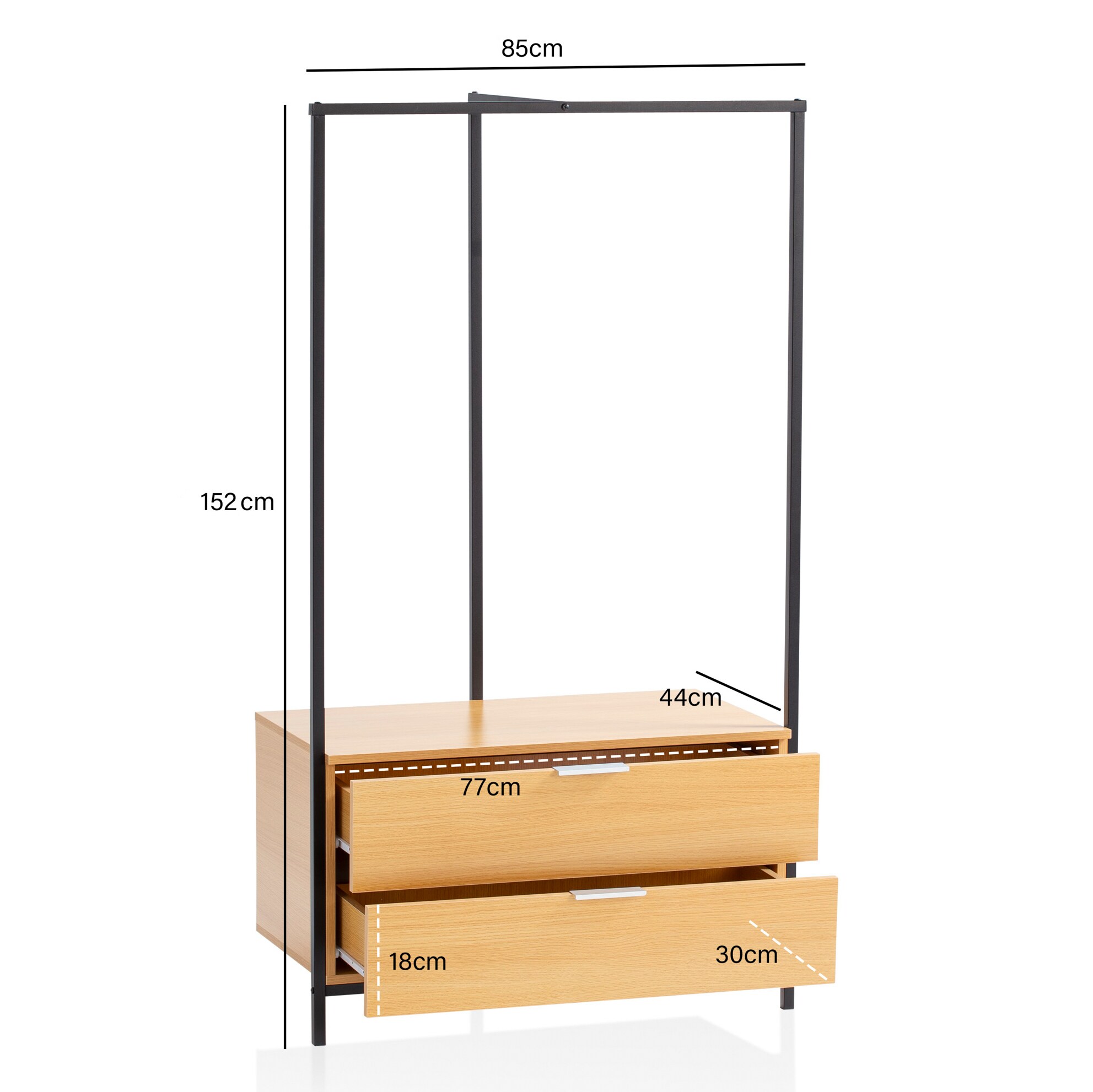 Garderobe FineBuy Kleiderschrank Eiche 152 cm Schubläden Kleiderstange Flur