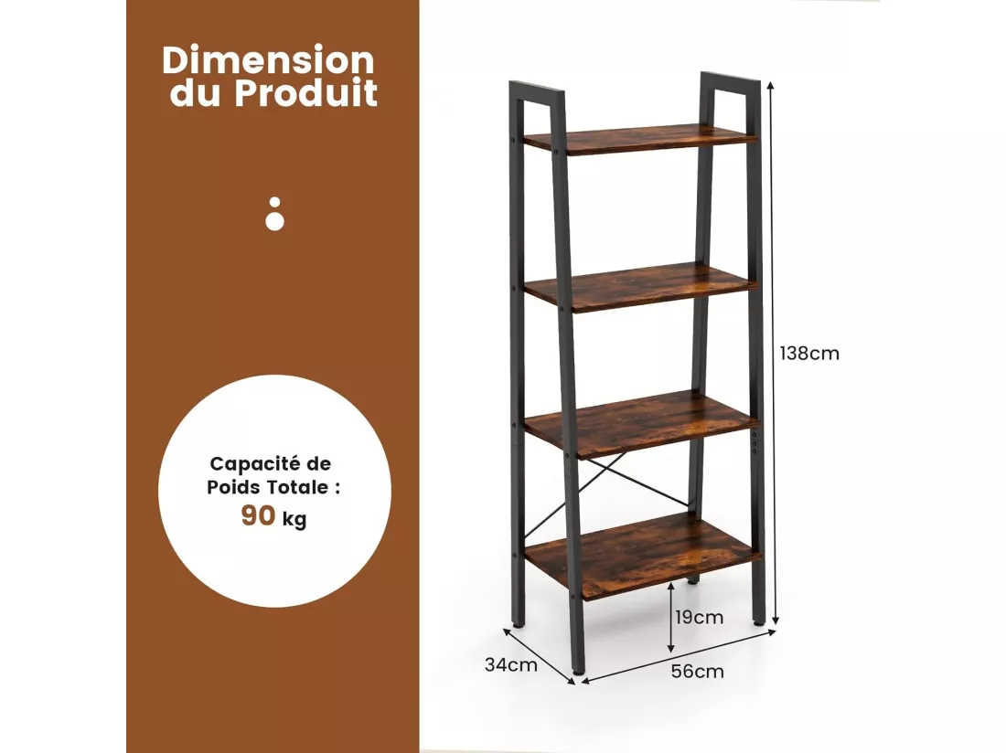 Étagère à 4 niveaux, cadre en métal, style industriel, 56 x 34 x 138 cm (brun rustique)