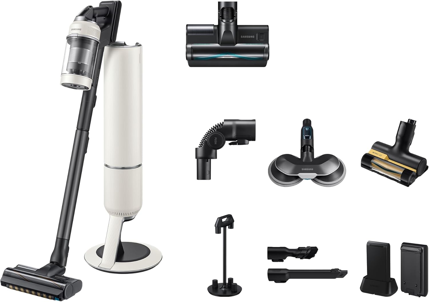 Samsung VS80F28EGS/WD Bespoke AI Jet Akku+ Wet&Clean, Akku-Handstaubsauger mit Wischer, Inkl. Zubehör, 280 W, 2 Akkus, All-In-One-Station, Spray Spinning Sweeper, Jet Dual+ Bürste, Santorini Beige