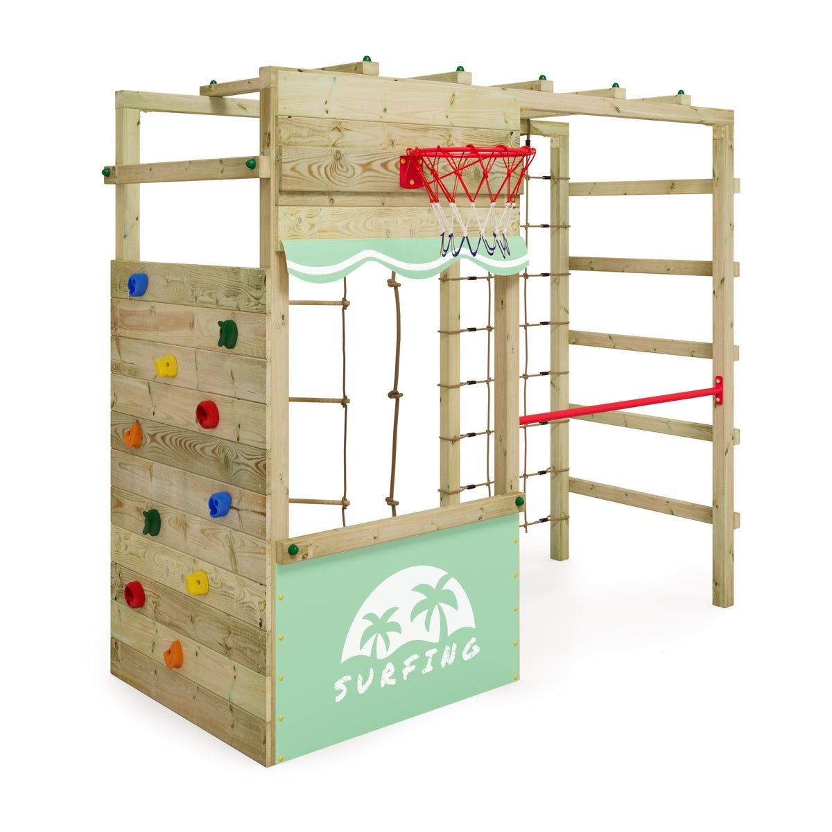 WICKEY Klimrek Speeltoren Smart Action Tuin Speeltoestel met Klimwand en Speelaccessoires – Pastelgroen