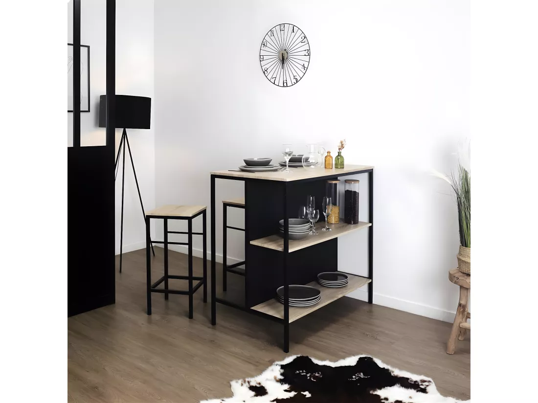 MAXIMO - Table Ilot avec Tabourets en MDF et Pieds Métal Noir