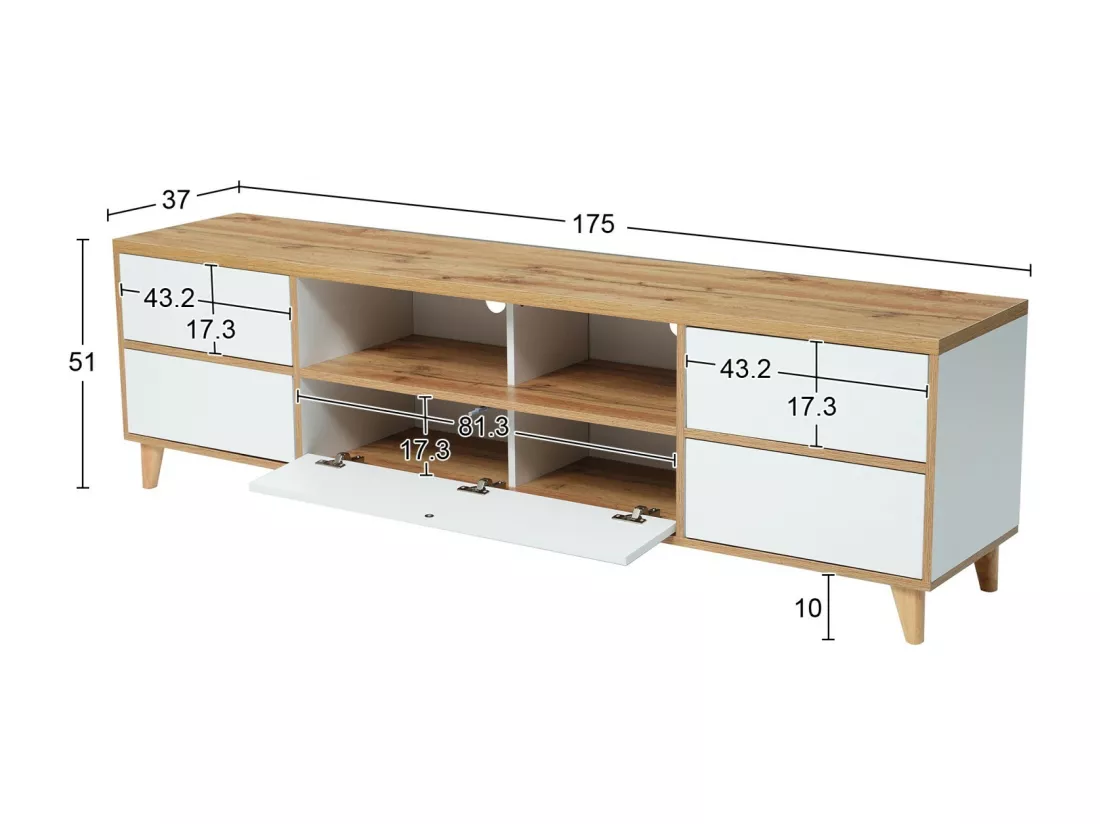 Meuble TV 5 portes et 8 niche, pieds en bois solides, 175x37x51cm, Blanc et naturel