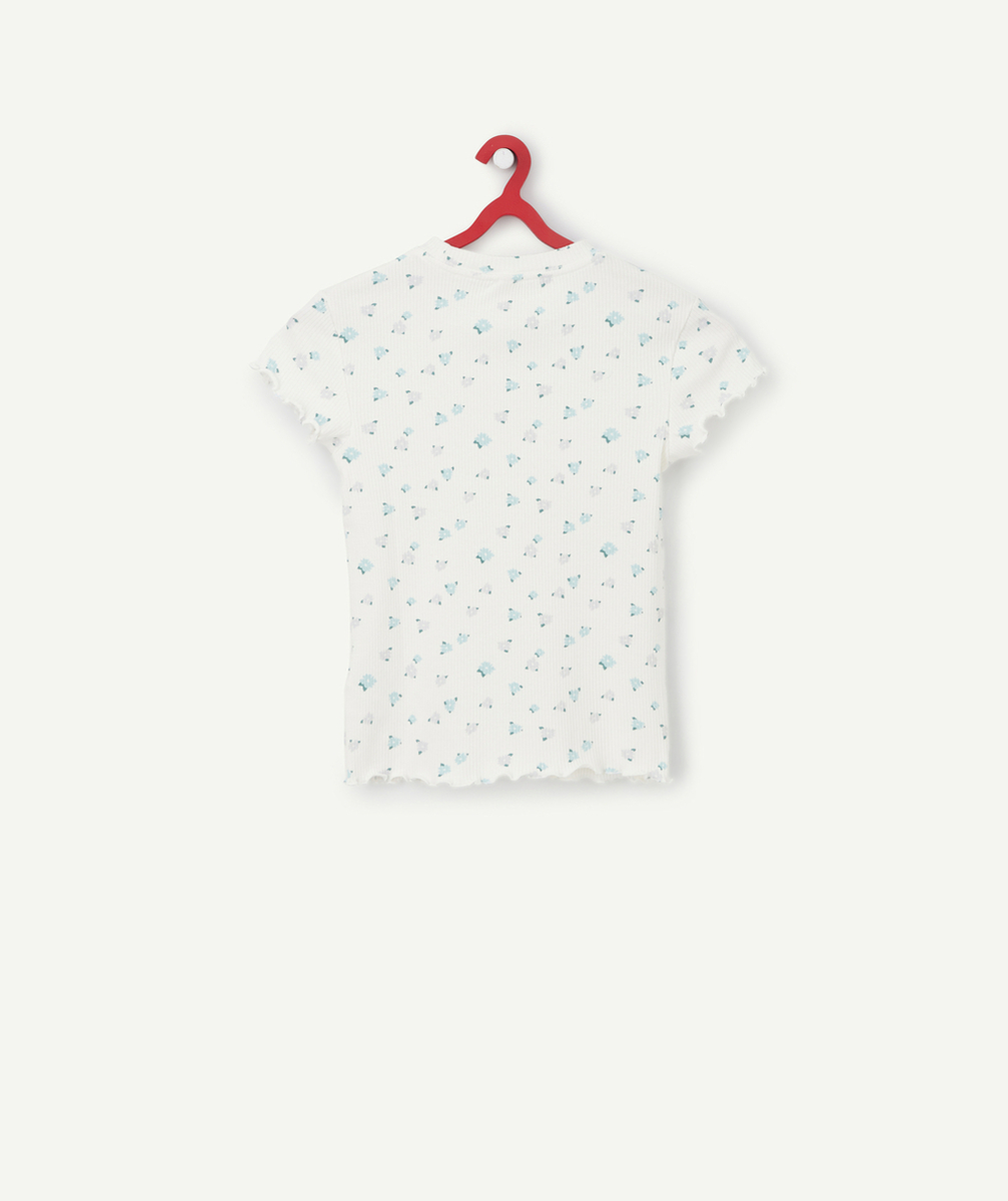 T-SHIRT FILLE EN COTON BIO BLANC CÔTELÉ ET IMPRIMÉ FLEURI