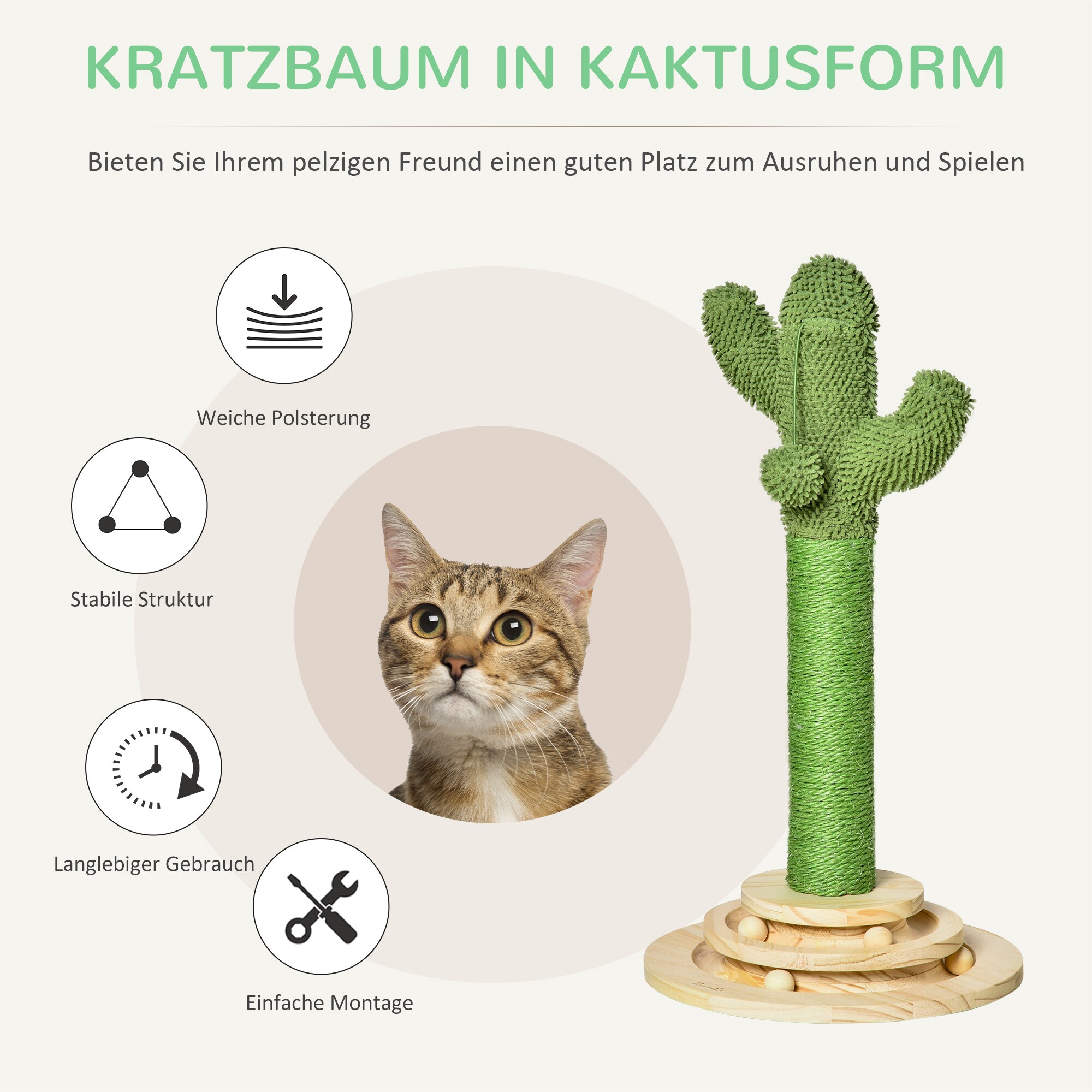 PawHut Kratzbaum mit Holzkugel-Spielzeug bunt 32L x 32B x 60H cm