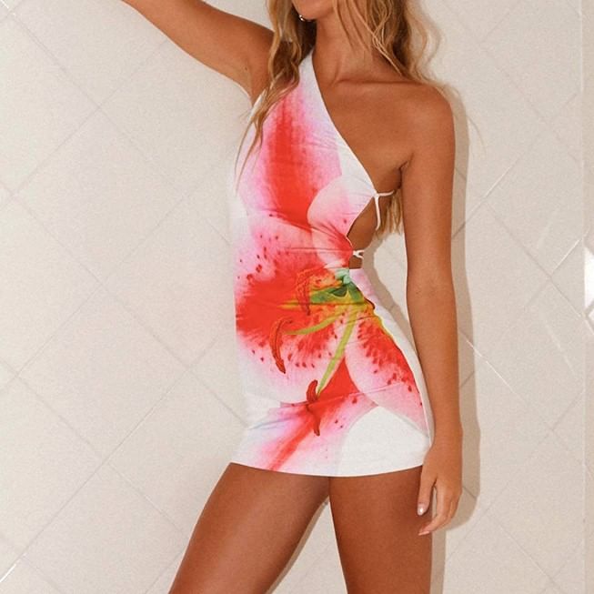 Weaveal - Mouwloze, een-schouder mini-jurk met bloemenprint en strikbandjes