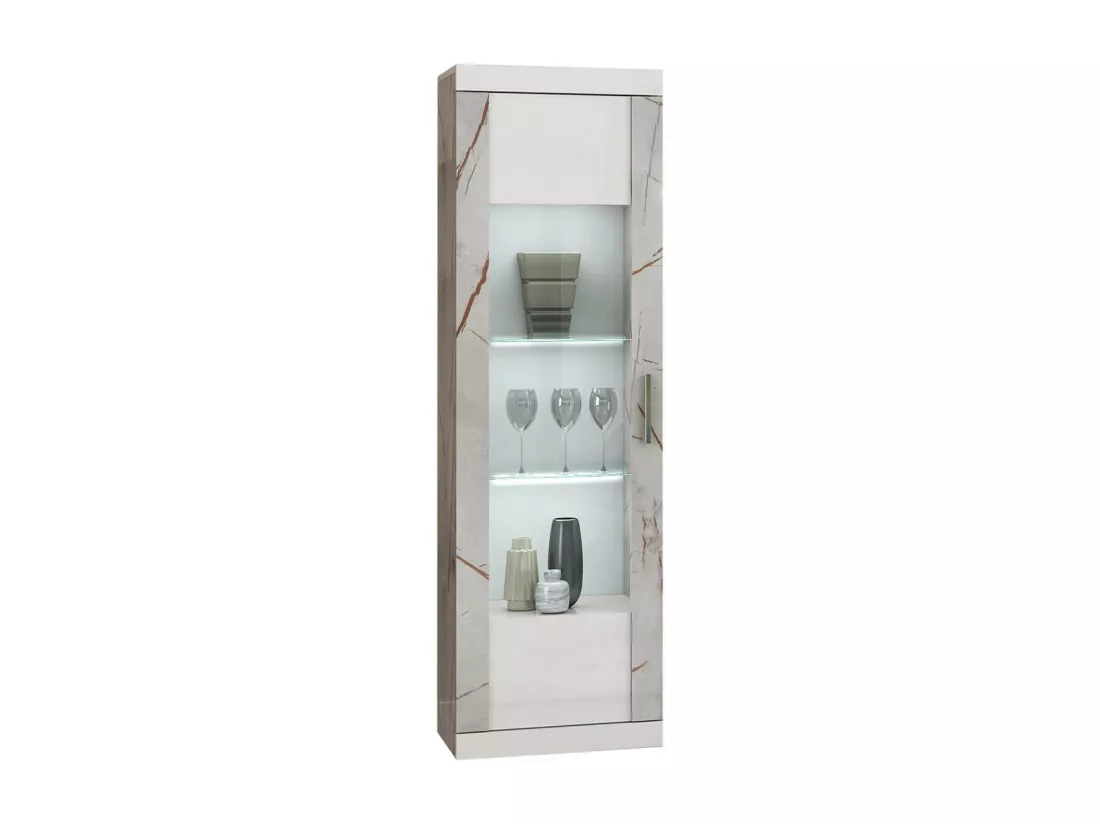 EROS - Vitrine 1 Porte Blanc Eclairage Led intégré avec Décor Latéral Aspect Marbre