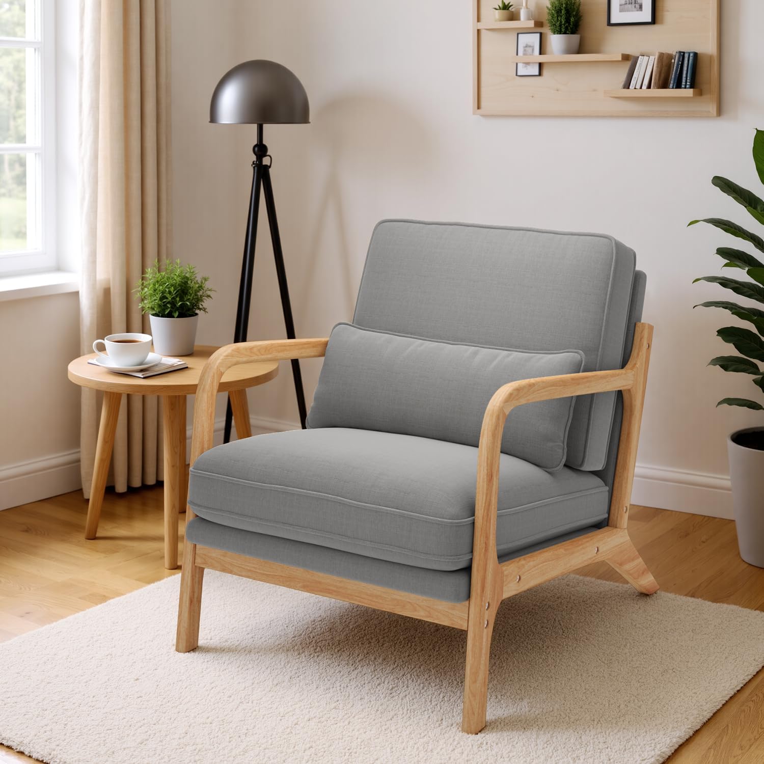 Lounge-Sessel, Lounge-Stuhl mit Armlehnen&Holzrahmen, Moderner Polstersessel für Wohnzimmer, Schlafzimmer, Leseecke, Büro (82 x 65 x 75 cm, Grau)
