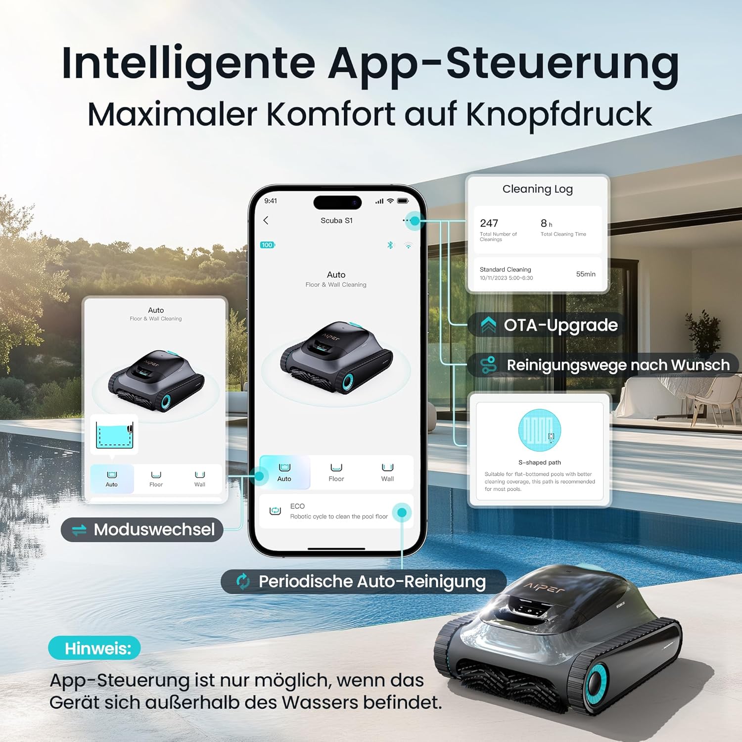 (APP Upgrade) AIPER Scuba S1 Poolroboter Boden und Wand, Wasserlinienreinigung, 3μm Ultrafeiner Filter, 180 Min. Akkulaufzeit, 15900LPH Leistungsstarker Poolsauger mit APP, Für Eingelassene Pools