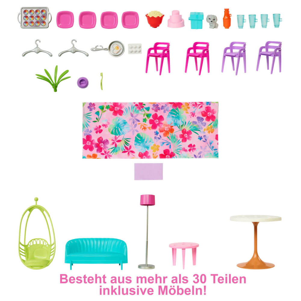 Mattel HCD50 Barbie Malibu Haus mit über 30 Teilen, Spielzeug für Kinder ab 3 Jahren