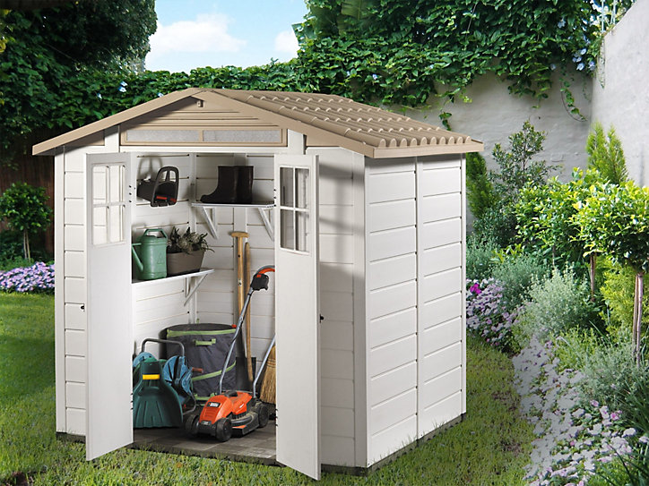 Abri de jardin + plancher Garofalo Tuscany 200 en résine coloris beige et marron ép.20 mm surface extérieure 3,98 m²