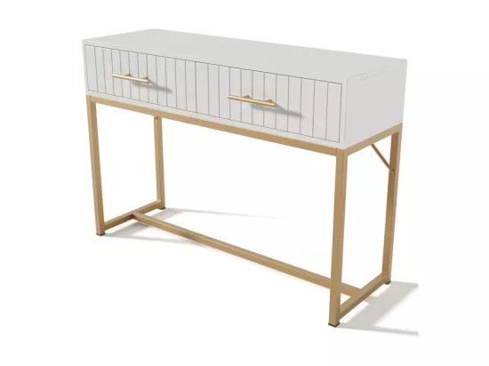 Coiffeuse décorée de rayures verticales - H 75 cm - avec 2 tiroirs et piètement en métal - Blanc